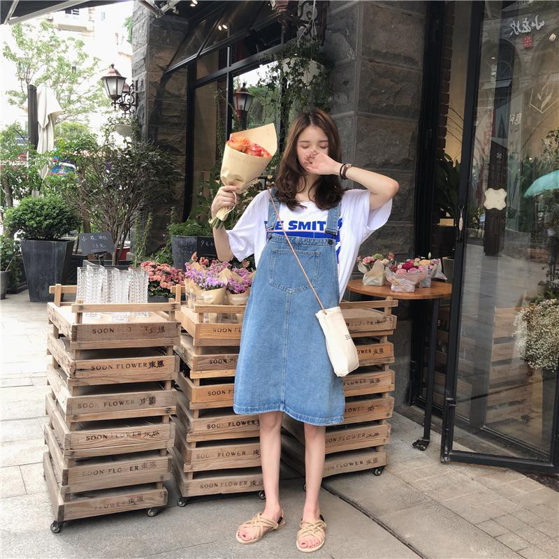 Korean version of loose wash and old denim student age reduction all-match suspender Dress dress，cheap borong of Koreanfashion women's clothing readystock 210521