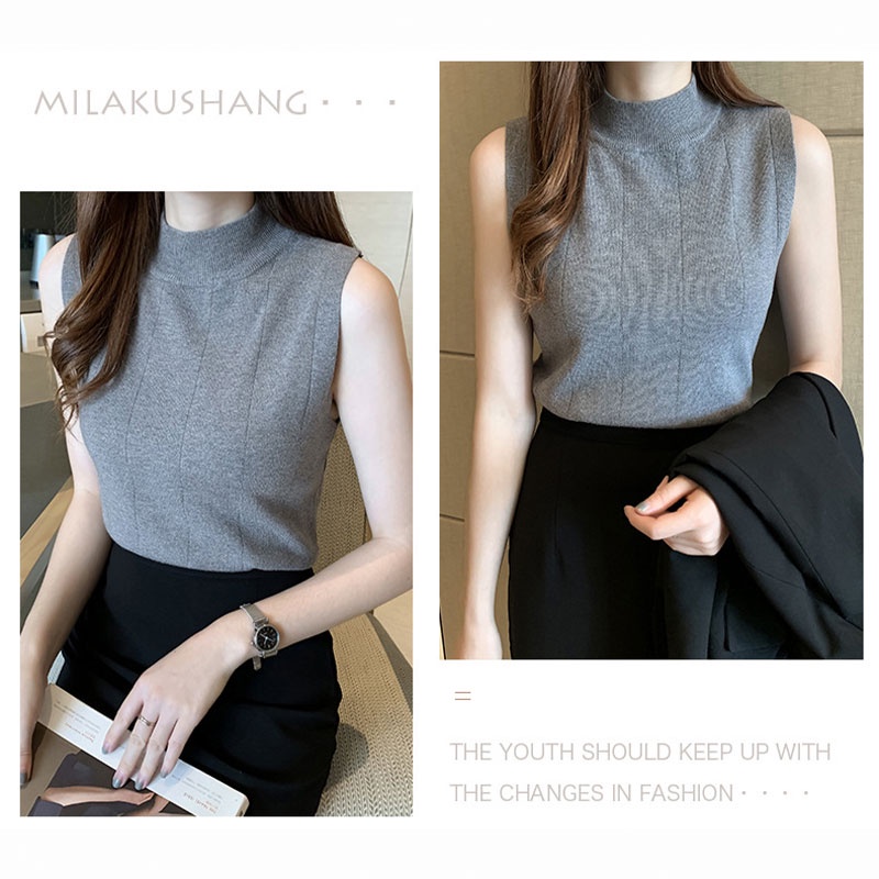 XIN LAN YA SHE Áo sweater Dệt Kim Cổ Lọ Ôm Dáng Không Tay Cho Nữ