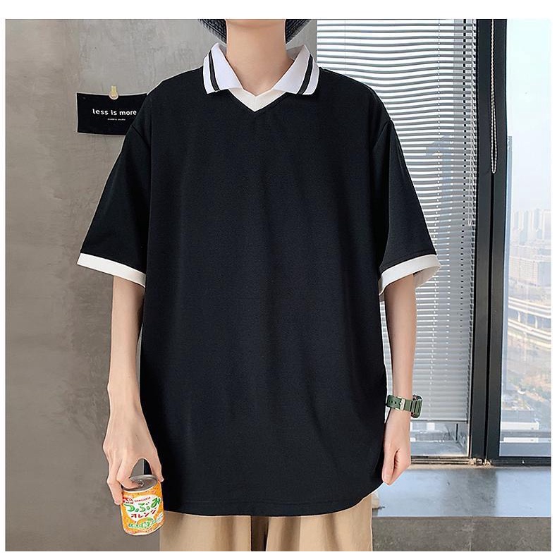 Áo Polo Nam Đẹp, Áo Cổ Trụ Thun Phối Sọc Thân Trơn Chuẩn Form Rộng Tay Lỡ, Chất Cotton Cao Cấp