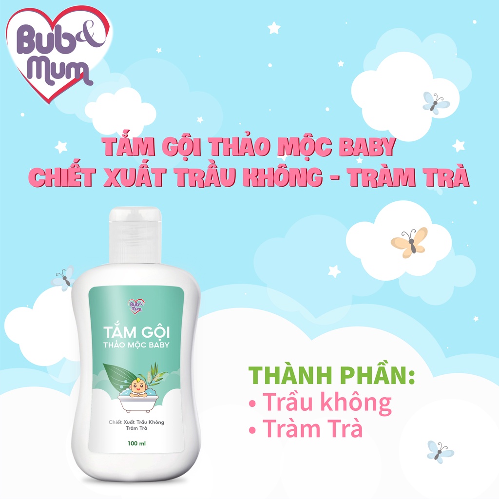 Sữa tắm gội cho bé BuB&amp;MuM chiết xuất Trầu Không - Tràm Trà 100ml làm sạch, nhẹ dịu, an toàn cho da bé