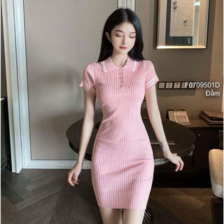 Đầm len gân ôm body cài nút ngực cổ bẻ tay ngắn phối viền trắng!