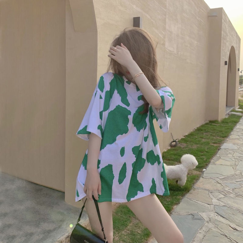 AMOI Áo Thun Ngắn Tay Dáng Rộng In Họa Tiết Bò Sữa Thời Trang 2022 Cho Nữ