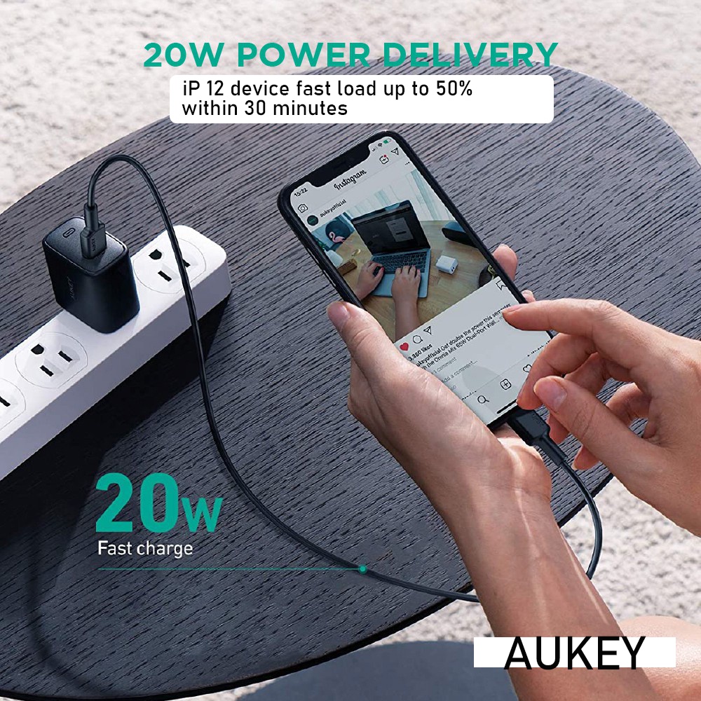 Bộ Củ sạc nhanh AUKEY PA-F1s 20W USB C trợ cục sạc-cục kèm dây type c MFI iphone 14 13 12promax 11 xr xs 8 plus