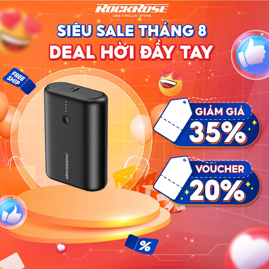 Sạc Dự Phòng Mini Siêu Nhỏ 10000mAh ROCKROSE Asha 10 Neo QC 3.0 - Cổng USB A/ Type C Sạc Cho Iphone/ Android
