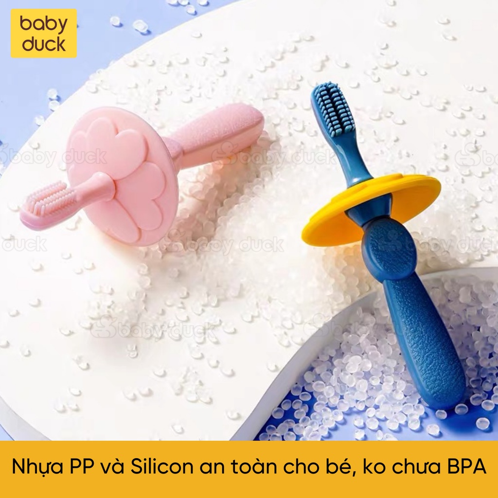 Bàn chải silicon mềm cho bé tặng 2 đầu bàn chải và hộp đựng, rơ lưỡi, bàn chải đánh răng có tấm chắn ms15406