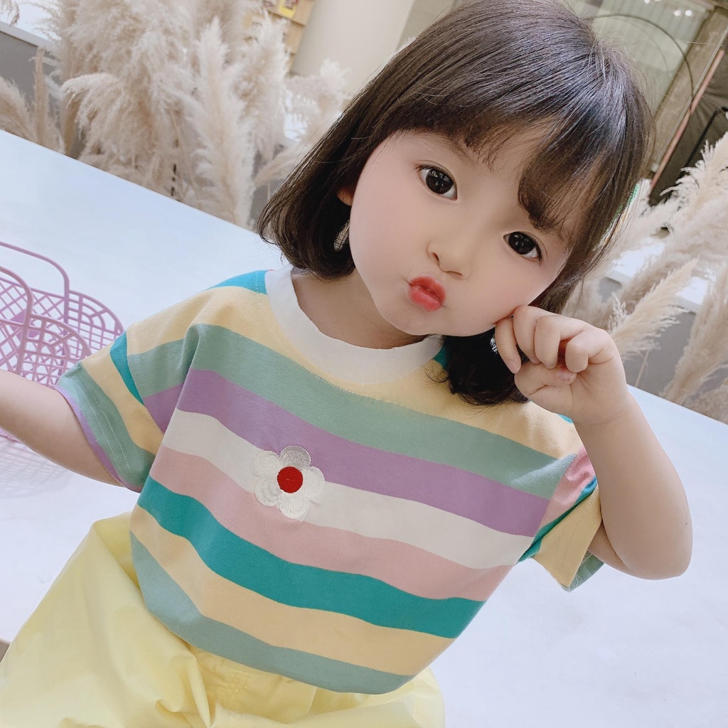 Áo Thun Ngắn Tay Họa Tiết Kẻ Sọc Phong Cách Phương Tây Thời Trang Mùa Hè Hàng Mới Dành Cho Bé Gái 2022