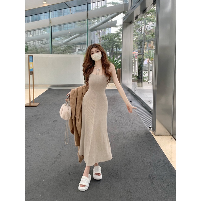 Áo Khoác cardigan Dệt Kim Màu Cà Phê + Đầm Sát Nách Dệt Kim Thiết Kế Mới Thời Trang Dành Cho Mùa Thu