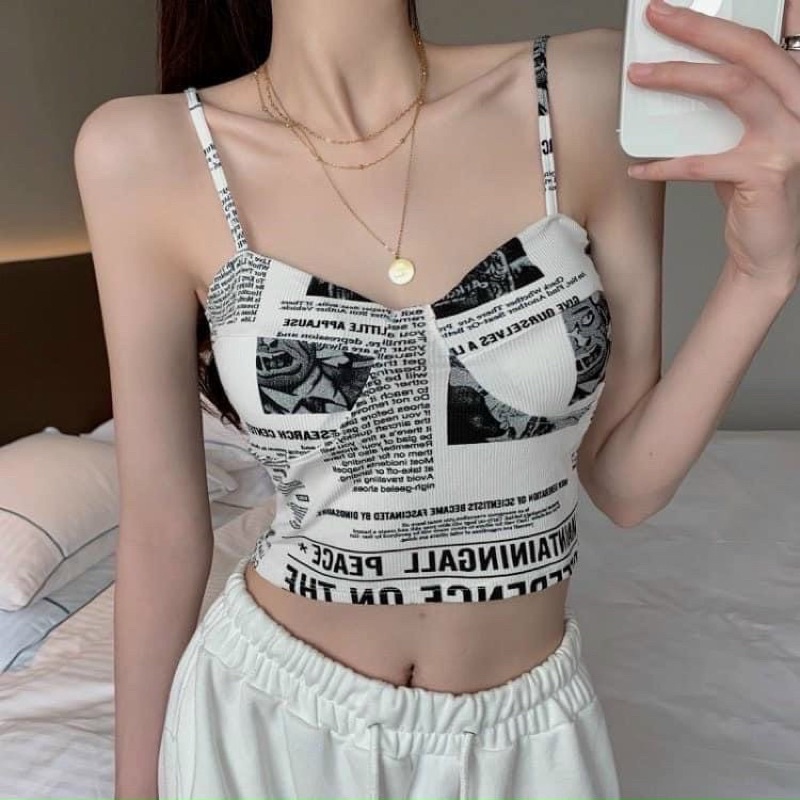 Có mút ngực Áo Dây Đôi Cúp Ngực Cổ V Croptop Chất Borip