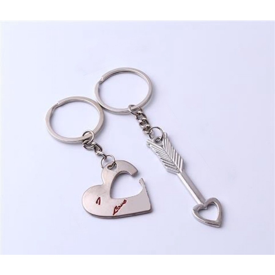 Set 2 móc khóa đôi inox ghép hình trái tim và mũi tên lãng mạn