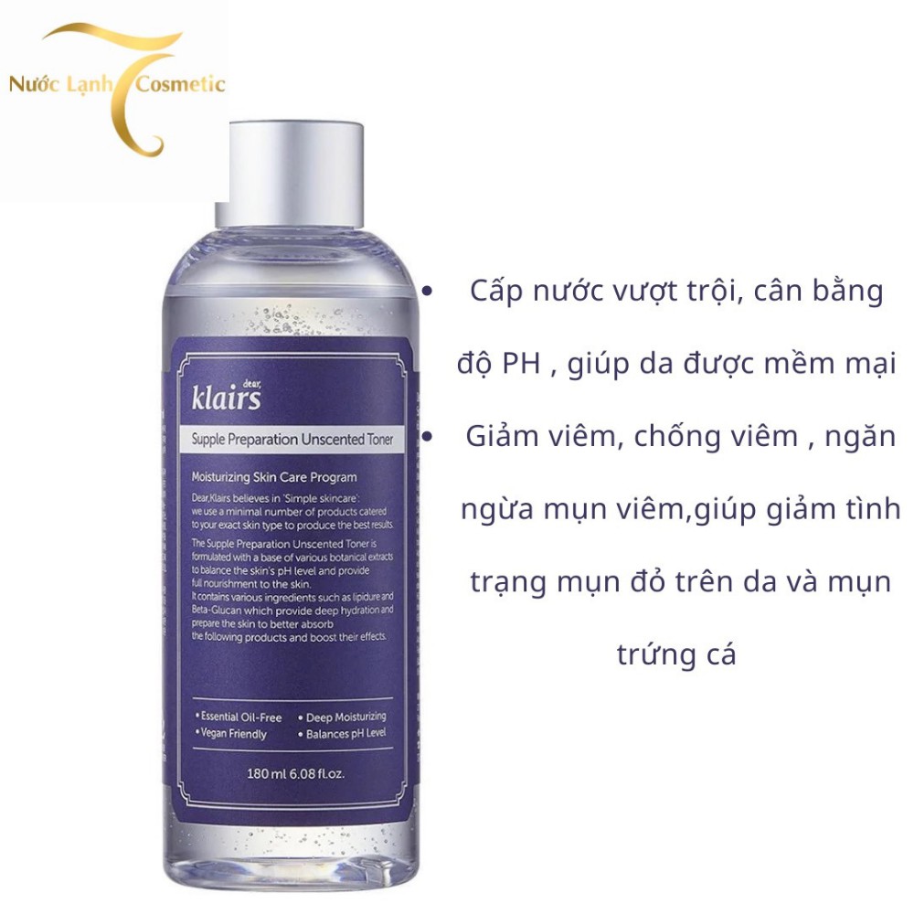 Nước Hoa Hồng Không Mùi Dành Cho Da Nhạy Cảm Klairs Supple Preparation Unscented Toner 180ml | BigBuy360 - bigbuy360.vn