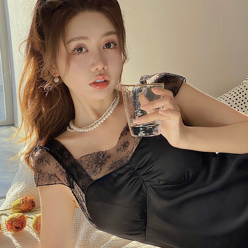 Đầm Ngủ Lụa Dáng Rộng Dài Phối Ren Thời Trang Quyến Rũ Cao Cấp Cho Nữ