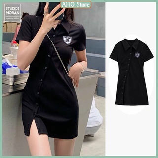 Đầm polo nữ cúc chéo thêu gấu váy nữ cổ sơ mi khuy chéo cộc tay dáng ôm chất gân co giãn freesize