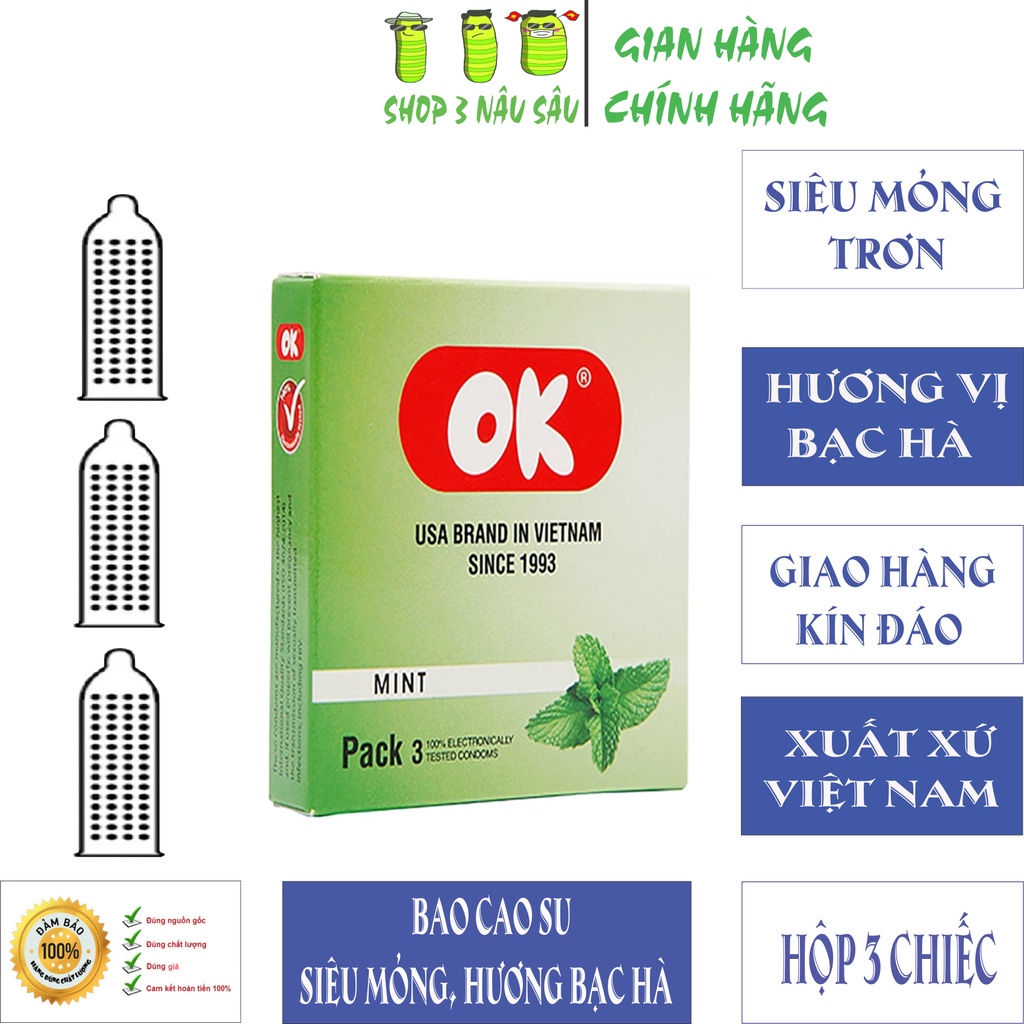 [ CHÍNH HÃNG ] - Bao cao su OK / Bao cao su Việt Nam chất lượng cao ,hương bạc hà, hộp 3 chiếc