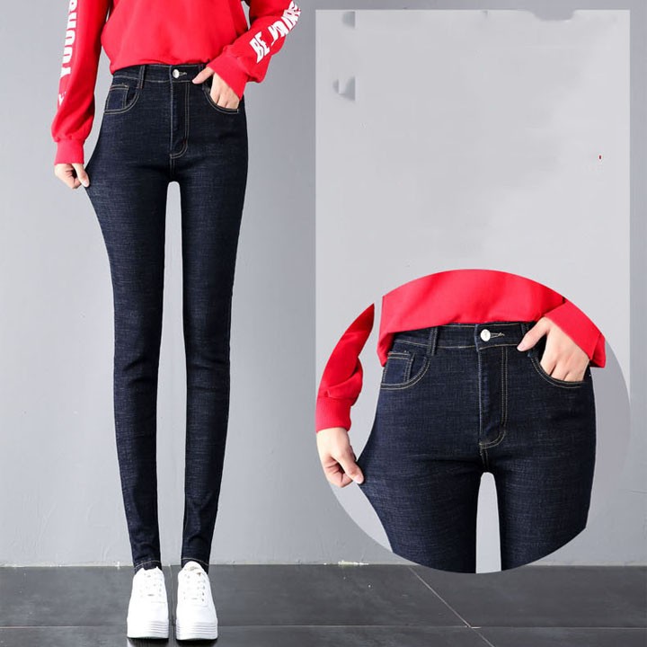 Quần Jean Dài Nữ Vải Xước Xanh Lưng Cao Co Giãn Mạnh
