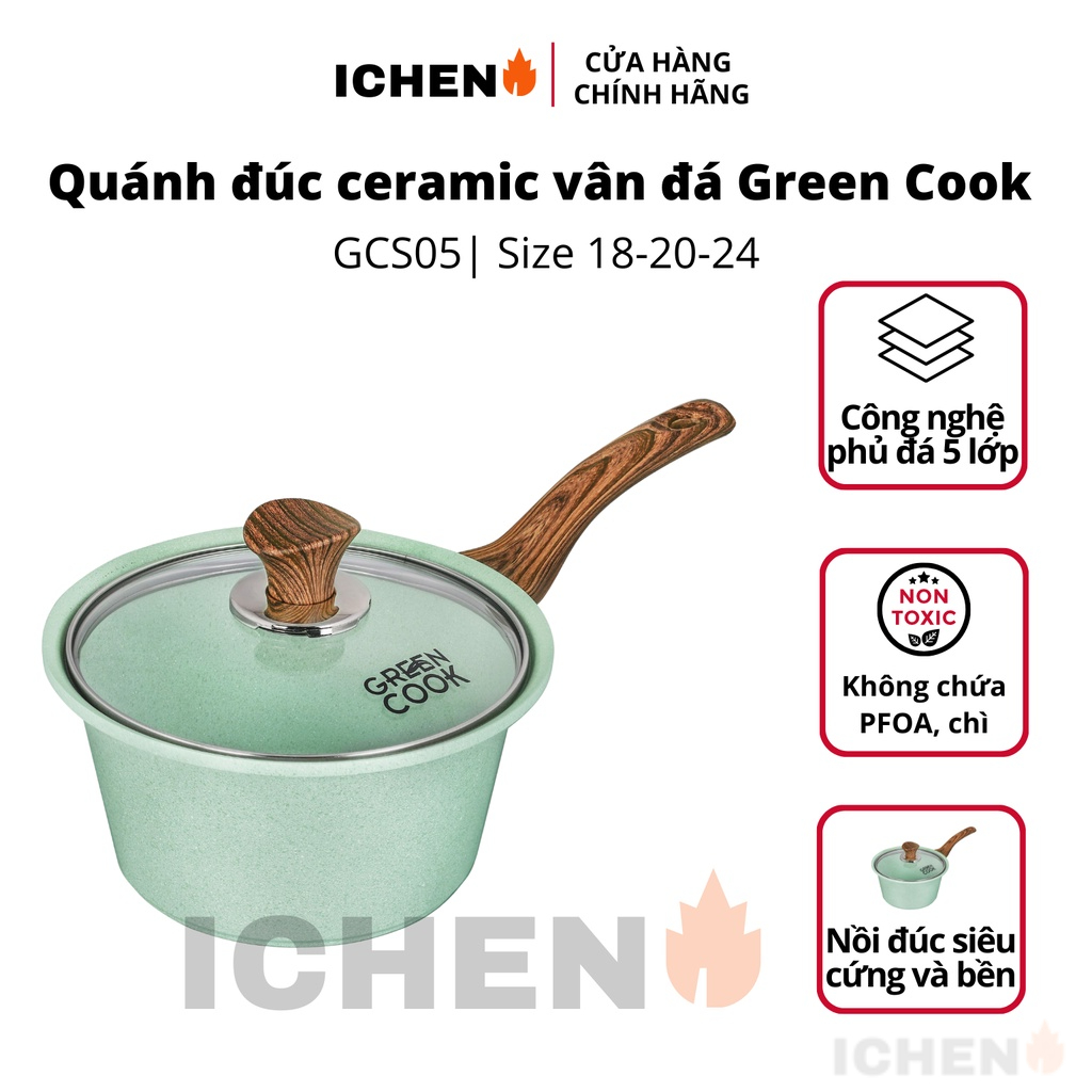 Nồi đúc đáy từ men đá xanh ngọc Green Cook, nồi chống dính đáy từ Green Cook