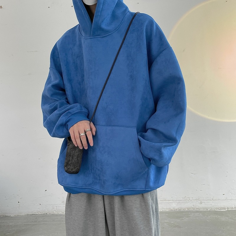 Áo khoác hoodie da lộn dáng rộng thiết kế năng động dành cho nam
