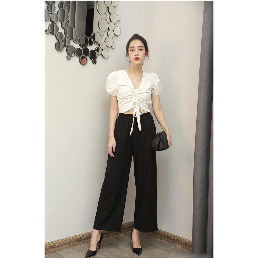 Set 2 món áo rút dây quần suông cao cấp - Bộ đũi rút ngực quần dài  