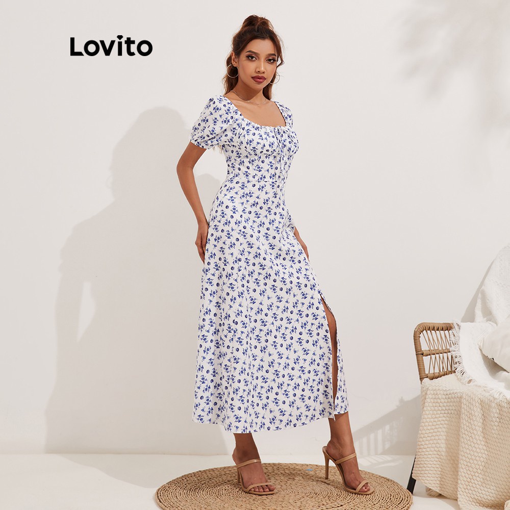 Váy Lovito họa tiết hoa phối dây buộc cổ vuông xẻ sâu kiểu dáng không đồng đều L13X002 (màu xanh lam)
