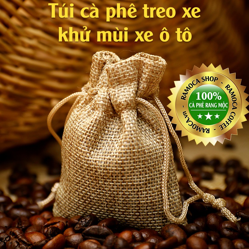 Túi thơm cafe treo xe ô tô || hút ẩm, khử mùi và làm thơm xe || 100% hạt cafe rang mộc II túi vải đay dây rút nhiều màu