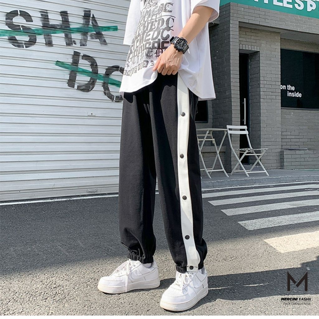 Quần ống rộng UNISEX MERCINI quần cúc POLY phối cúc,khuy nút có chun bo gấu một sọc quần ống rộng cao cấp thời trang