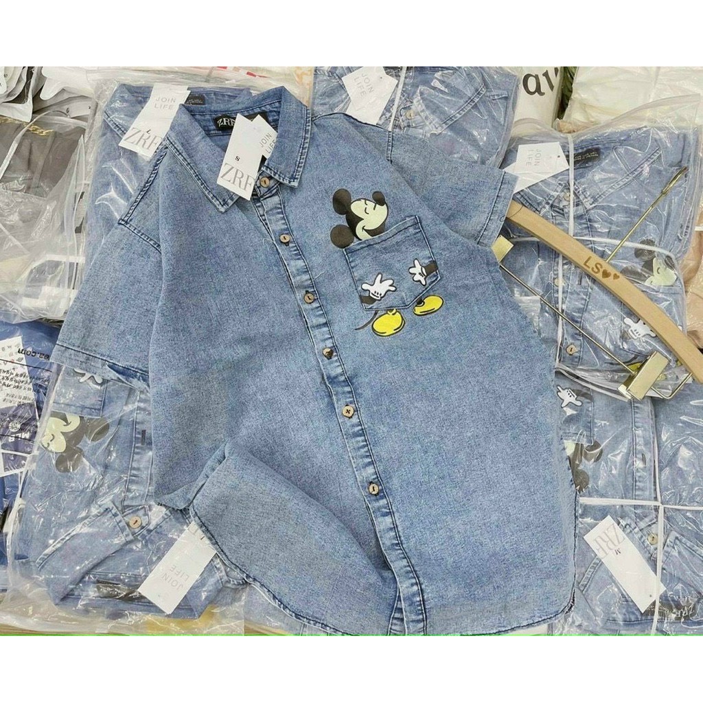 Set sơ mi nữ jean form rộng tay ngắn thêu hình chuột mix quần ngố lss