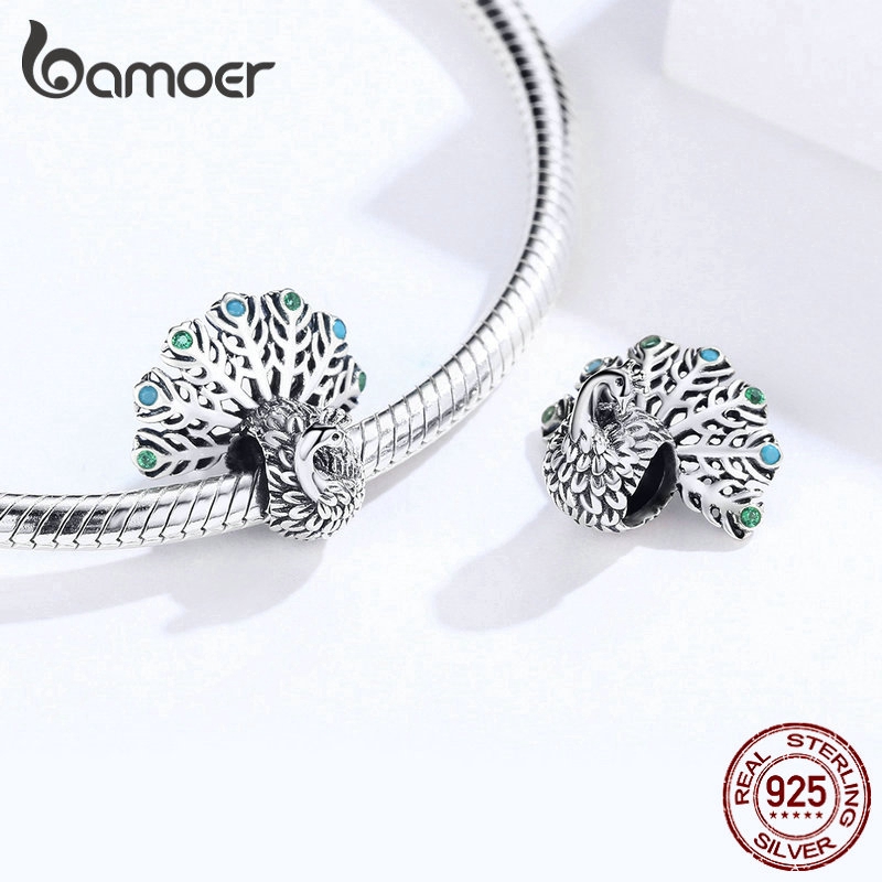 Hạt Trang Sức Bamoer bạc Hình Chim Công 3d Sang Trọng Cỡ 3mm