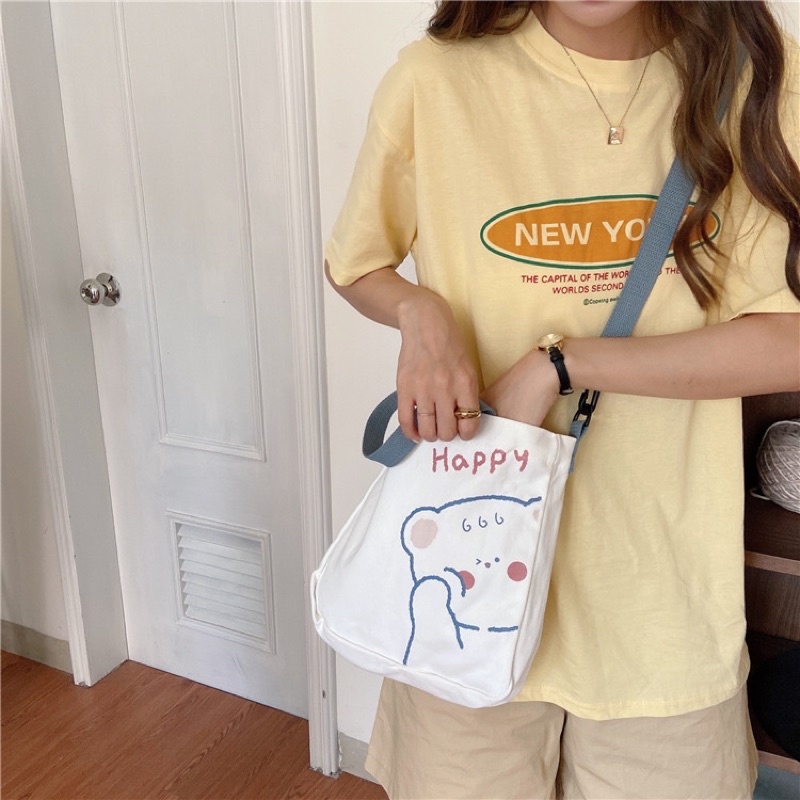 🐰[HÀNG QUẢNG CHÂU] Túi Tote Canvas YeahHappy siêu cute mang được 2 kiểu tiện lợi