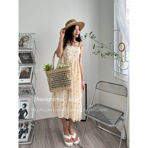 [Ảnh thật/Video]Váy hai dây hoa vàng yellow  hoạ tiết hoa lá Đầm hai dây lụa buộc vai  hoa vintage