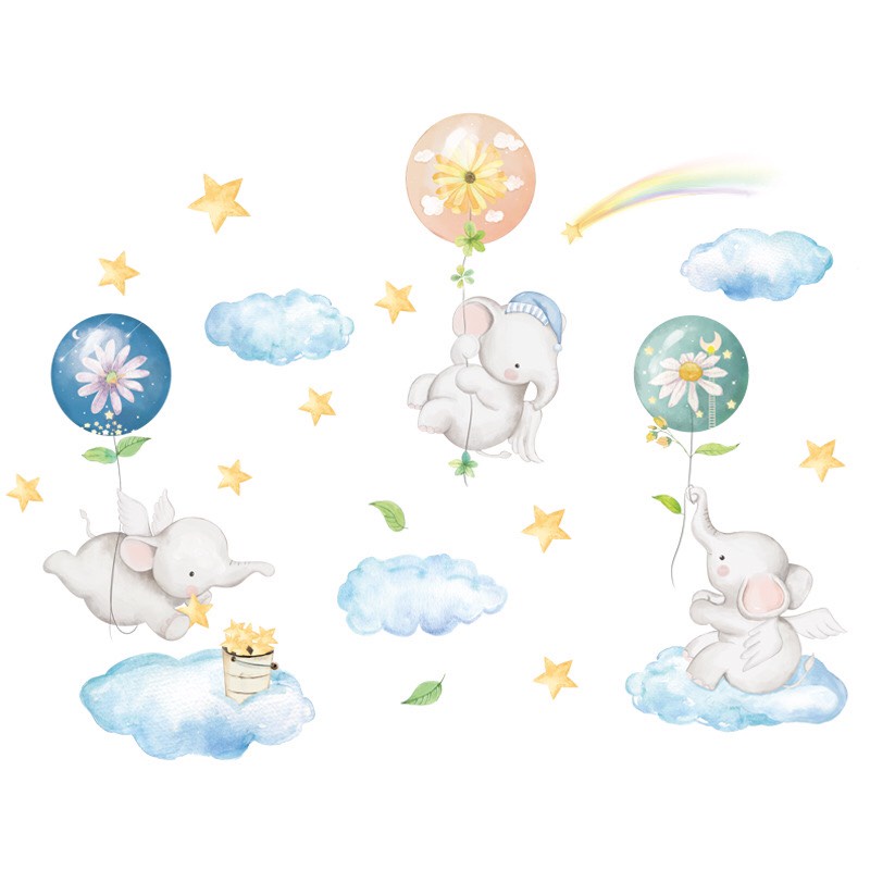 Decal trang trí tường - 3 Chú voi con chơi bong bóng