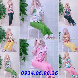 Bộ đồ ngủ pijama lụa phối quần dài tay ngắn