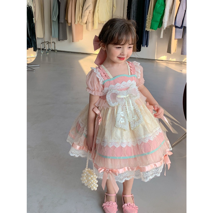 🌸FOOFOO🌸 lolita váy màu hồng Đầm Lolita Phối Ren Lưới Thắt Nơ Phong Cách Phương Tây Thời Trang Mùa Hè lolita Cho Bé Gái