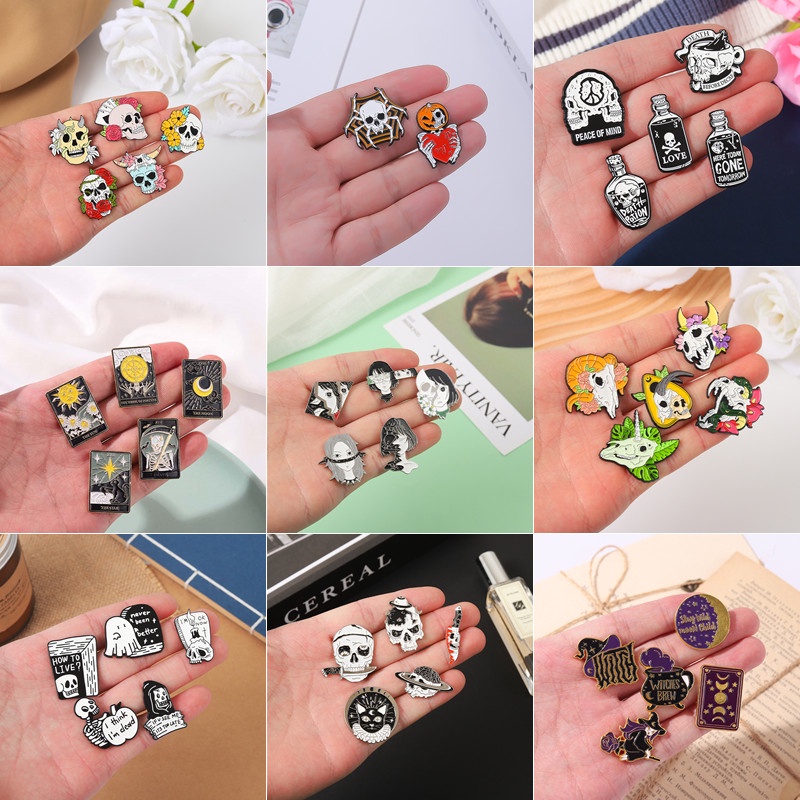 Bộ 5 huy hiệu cài áo QIHE JEWELRY hình đầu lâu phong cách Halloween độc đáo