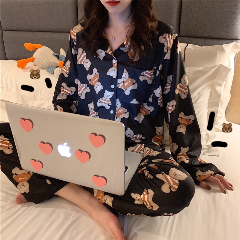 Bộ đồ ngủ cotton tay dài in hình gấu hoạt hình phong cách Hàn Quốc thời trang cho nữ