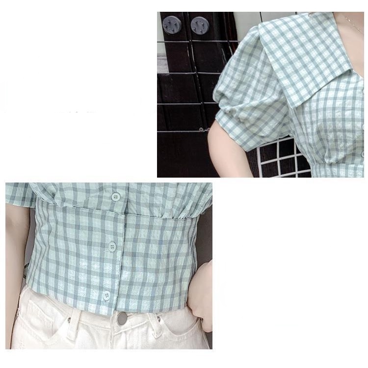 Áo sơ mi tay phồng cổ búp bê họa tiết sọc caro thời trang mùa hè dành cho bạn nữ