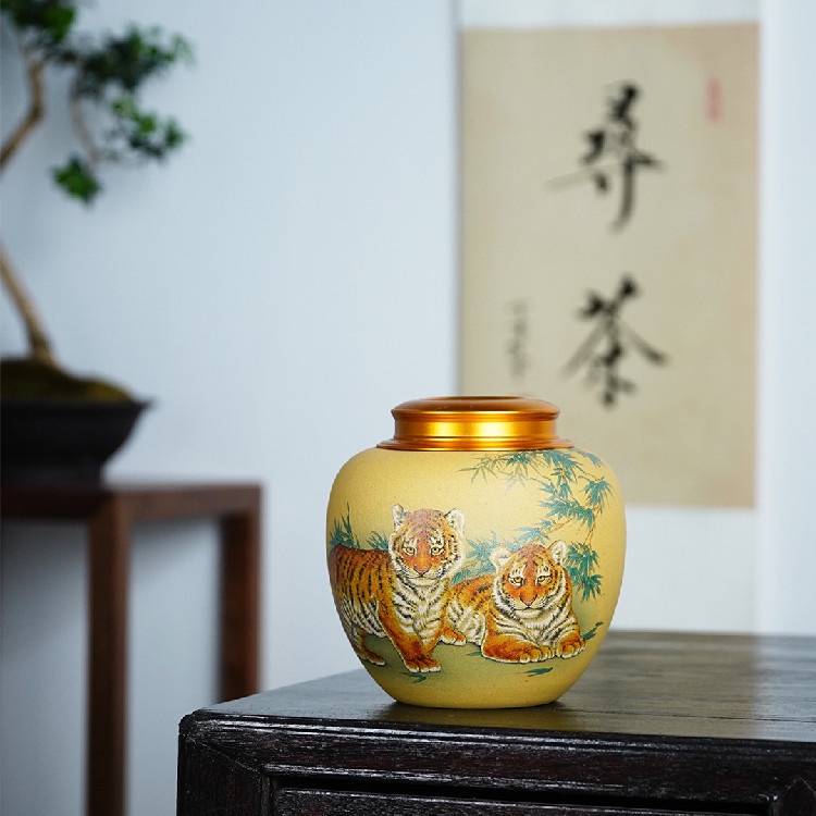 (Tử Sa) Hũ đựng trà nắp đồng 02 lớp vặn ren siêu khít loại lớn (Đoạn Nê)