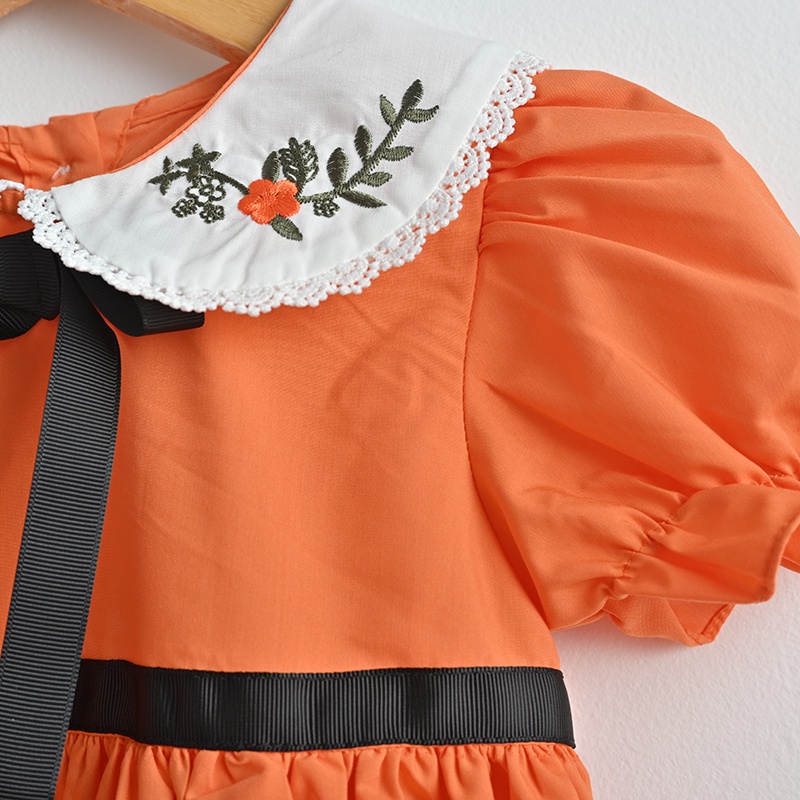 Đầm Babydoll Cổ Sen Thêu Hoa, Màu Cam Phối Dây Nơ