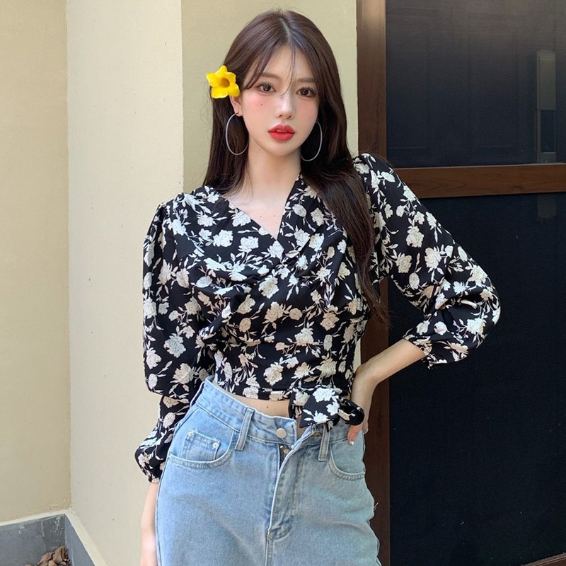 Áo Croptop Tay Dài Phối Dây Cột Hoa Thiết Kế Cổ V Gợi Cảm Cho Nữ Áo Sơ Mi