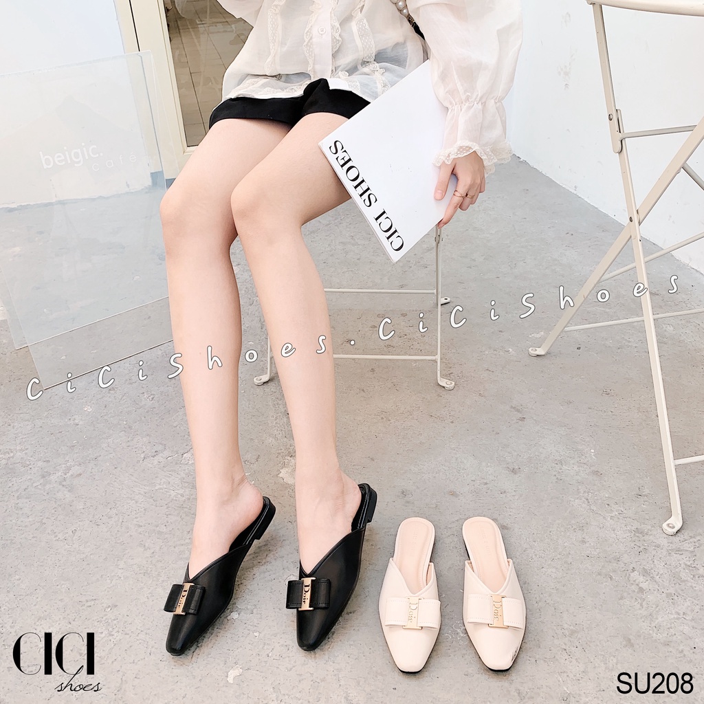 Giày sục nữ CiCi Shoes, dép sục da lì mũi thon nơ ngang - SU208