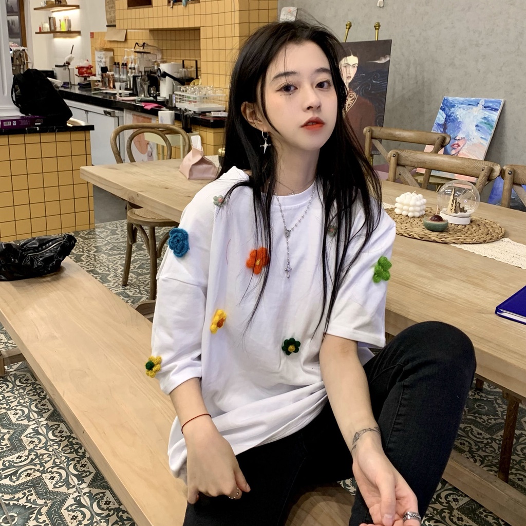 Áo Thun Cotton Tay Ngắn Dáng Rộng In Họa Tiết Hoa Phong Cách Hàn Quốc Thời Trang Mùa Hè Mới 2022 Dành Cho Bạn Nữ