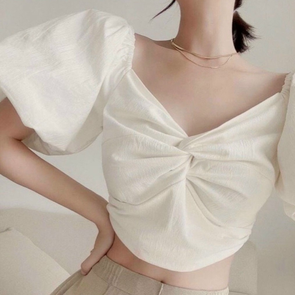 Áo Kiểu Nữ Croptop Tay Phồng Xoắn Ngực Chất Xốp Trễ Vai Beveda