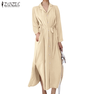 Đầm ZANZEA Tay Dài Cổ Bẻ Eo Cao Thời Trang Hàn Quốc Dành Cho Nữ