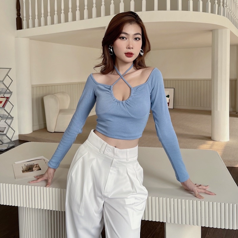 Áo croptop nữ tay dài khoen ngực TOPTIFY kiểu bẹt vai viền ngực Layla Top AC239