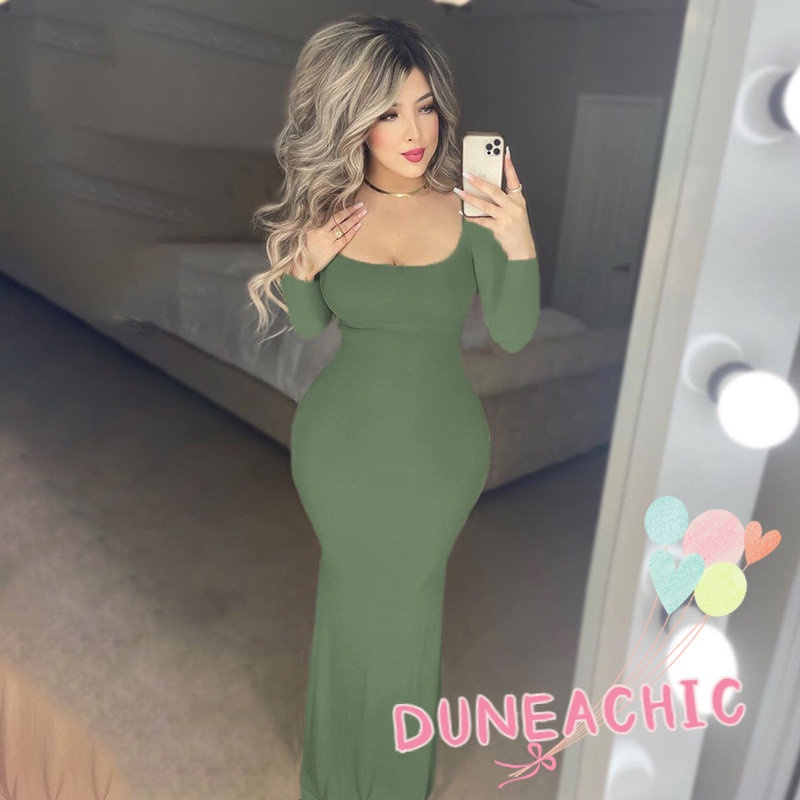 DUNEA Đầm maxi tay dài cổ vuông ôm dáng quyến rũ thời trang cho nữ
