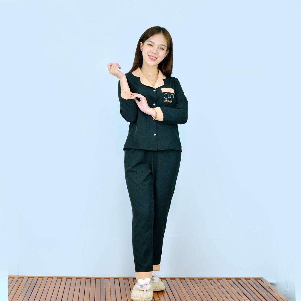 Đồ bộ nữ Pijama mặc nhà P4 ĐEN tay dài quần dài in hình dễ thương