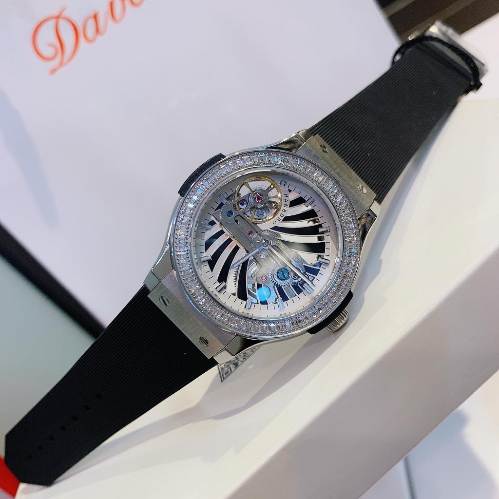 Đồng Hồ Nữ Hanboro By Huboler Dây Silicon Đen Silver 36mm Chính Hãng