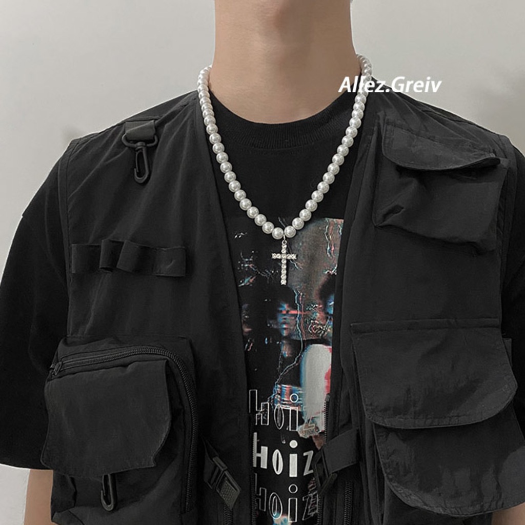 Vòng cổ Chuỗi Ngọc Trai Mặt Thánh Giá Phong Cách hip hop Đường Phố Mới