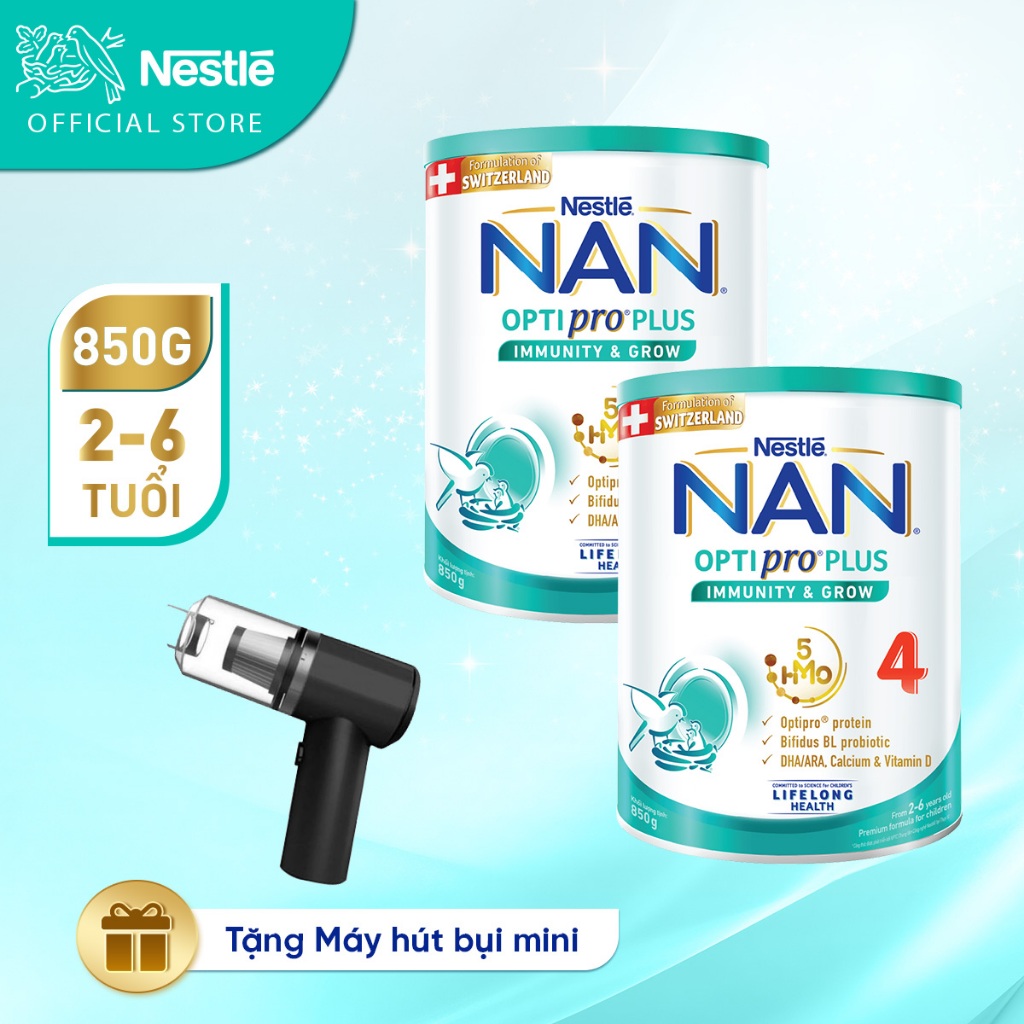 [Tặng Máy hút bụi mini] Bộ 2 Lon Sữa bột Nestlé NAN OPTIPRO PLUS 4 850g/lon với 5HMO Giúp tiêu hóa tốt