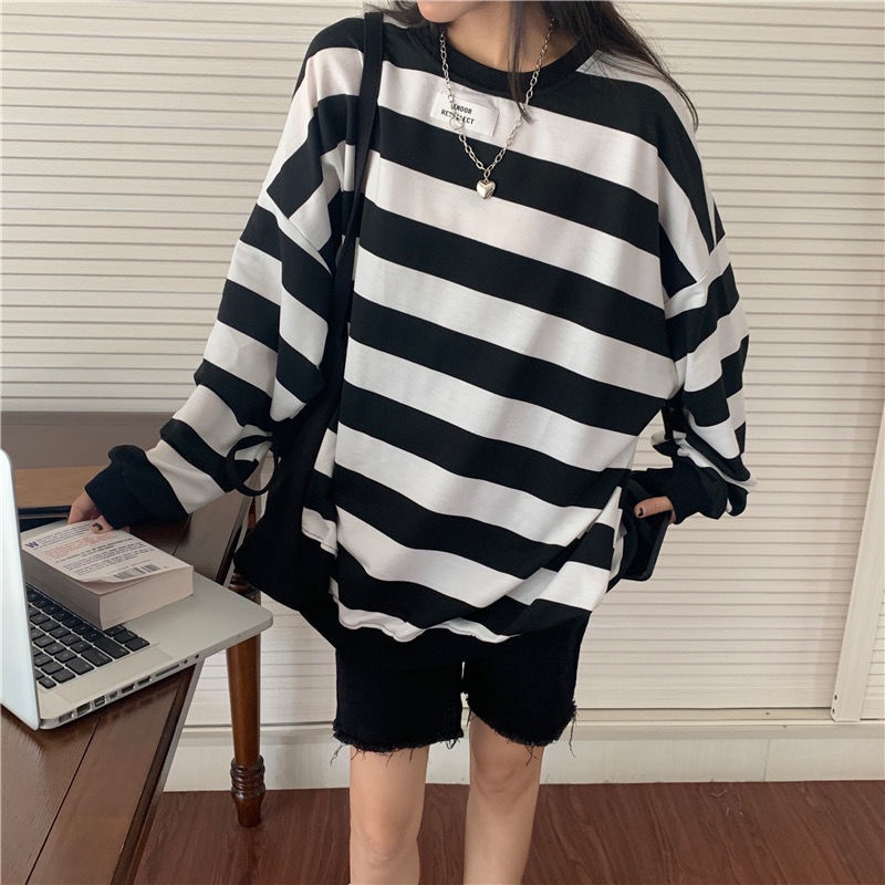 Áo sweater Dáng Rộng Họa Tiết Kẻ Sọc Thời Trang Mùa Thu Hàn Quốc 2022 Mới