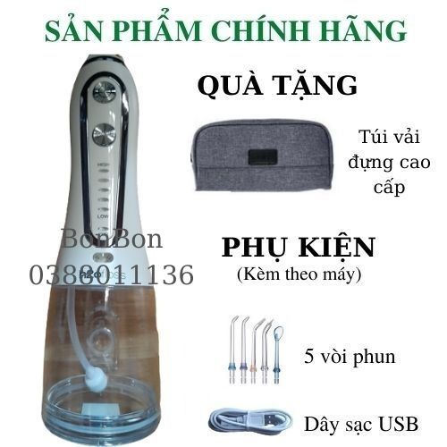 Máy tăm nước cầm tay vệ sinh răng miệng h2ofloss HF6P chất liệu cao cấp 5 chế độ Tặng túi vải đựng máy