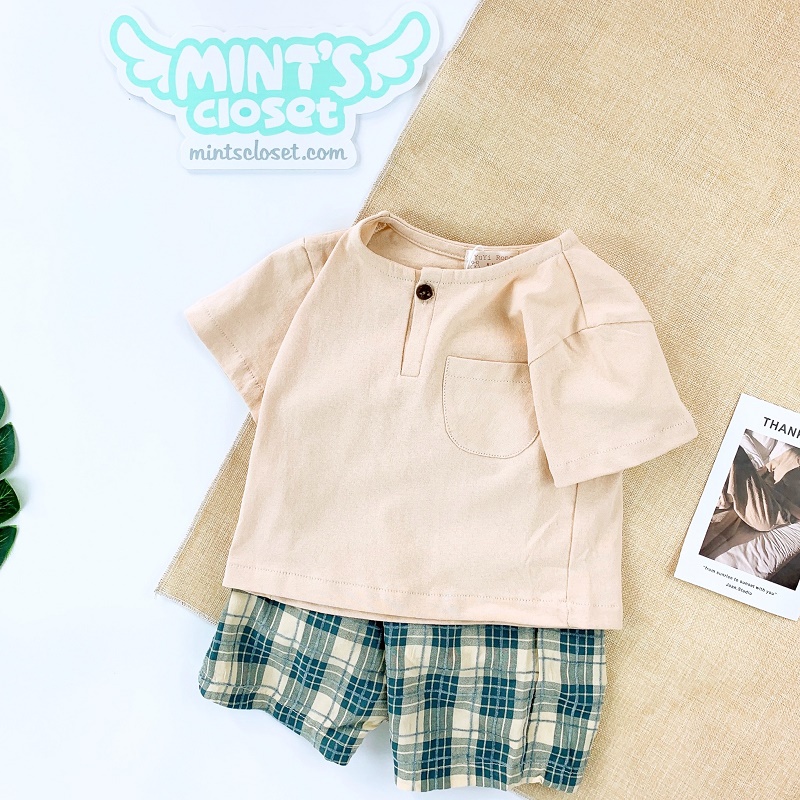 Set áo thun cotton có túi kèm quần caro lưng thun bé trai đi chơi 1 2 3 4 5 tuổi MINTSCLOSET Mint's Closet - TN3015